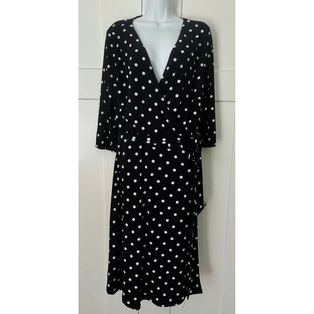 Lauren Ralph Lauren Black White Polka Dot Wrap Dress 16W Plus Size Jersey Knit